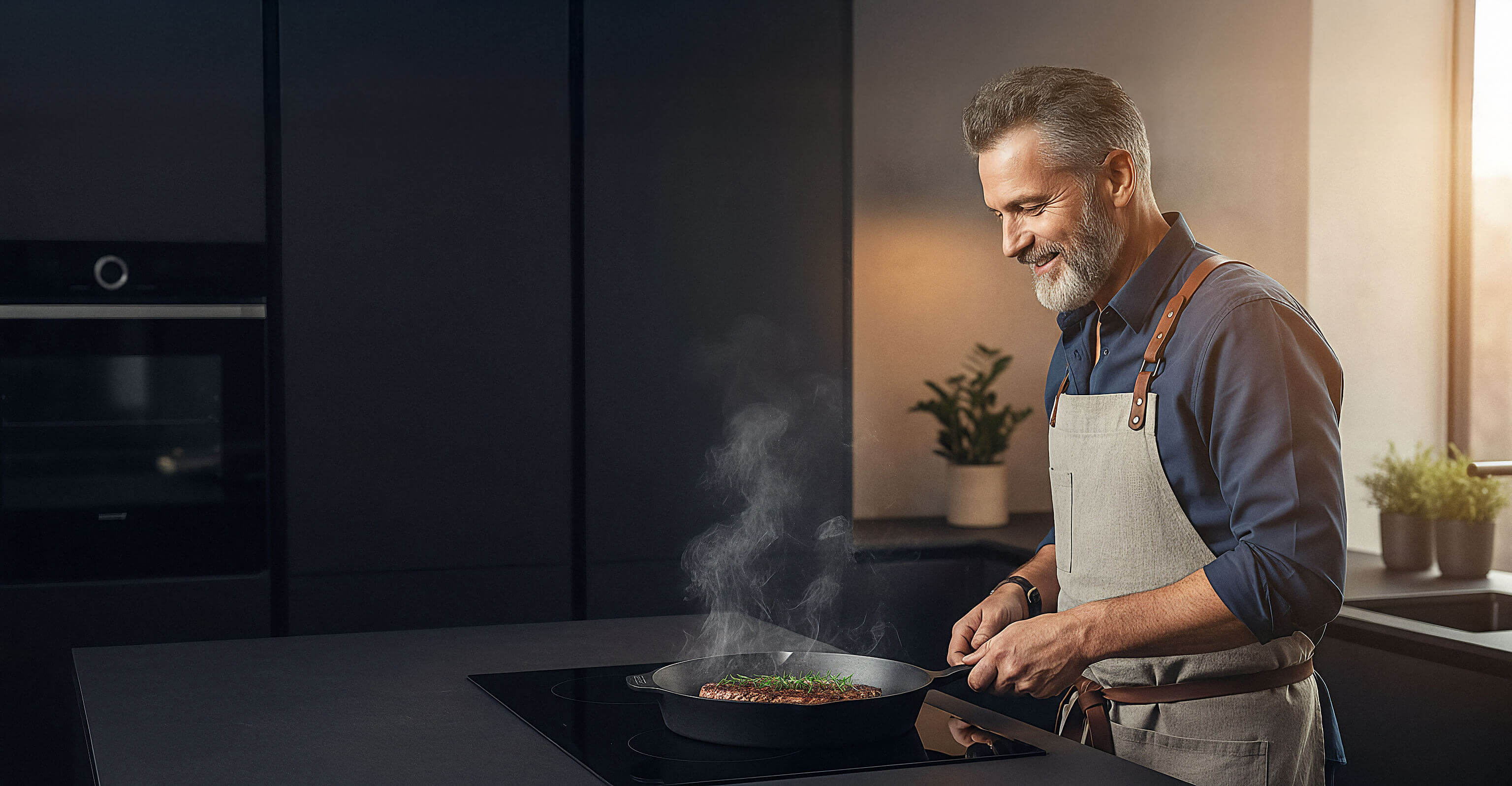 Mann kocht Steak in einer Tecor Gusseisenpfanne in einer modernen Küche