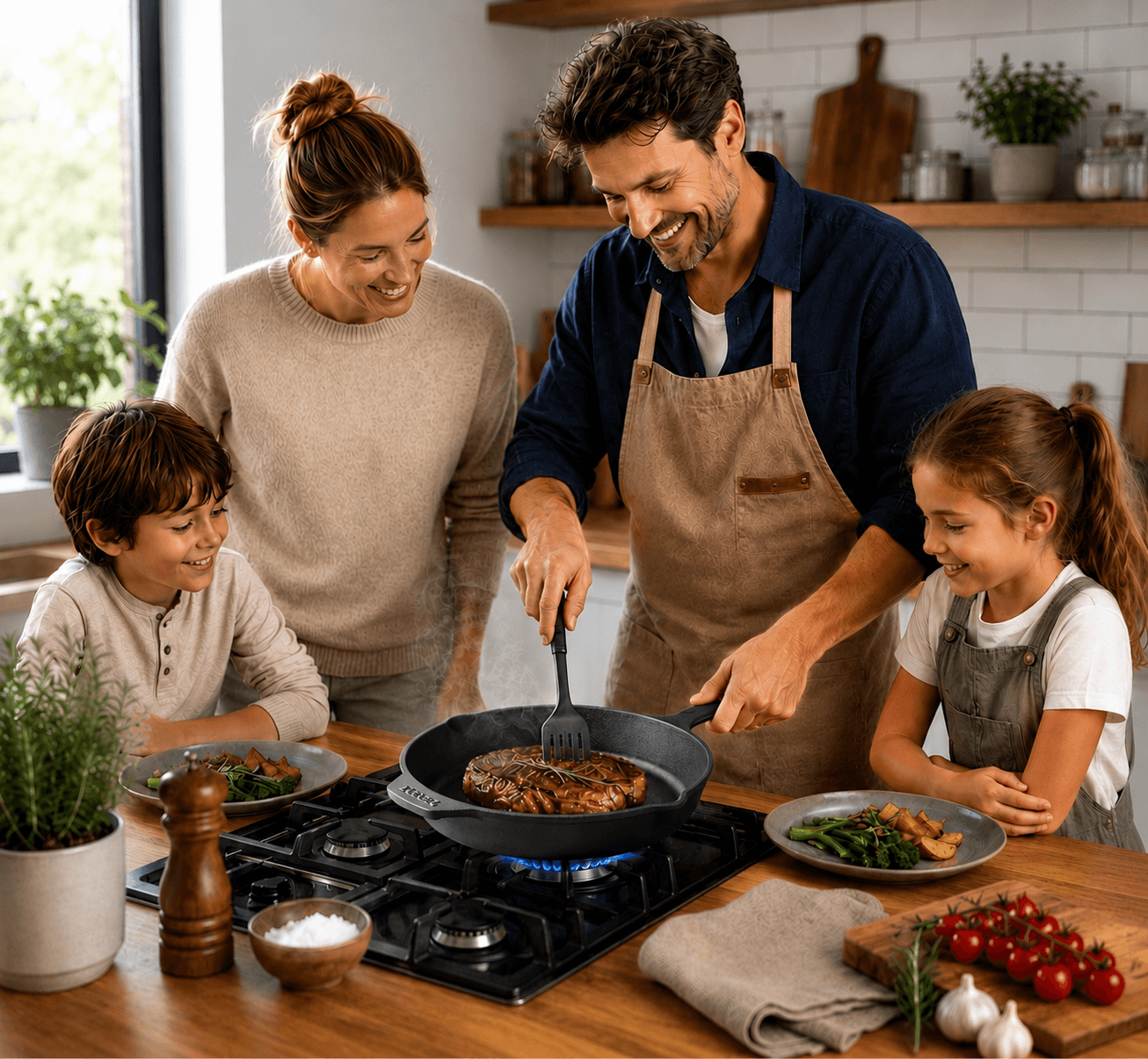 Mann kocht Steak in einer Tecor Gusseisenpfanne auf einem Gasherd