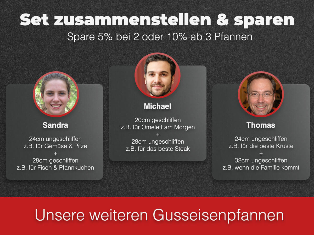 Empfohlene Kombinationen aus geschliffenen und ungeschliffenen Tecor Gusseisenpfannen-mobile
