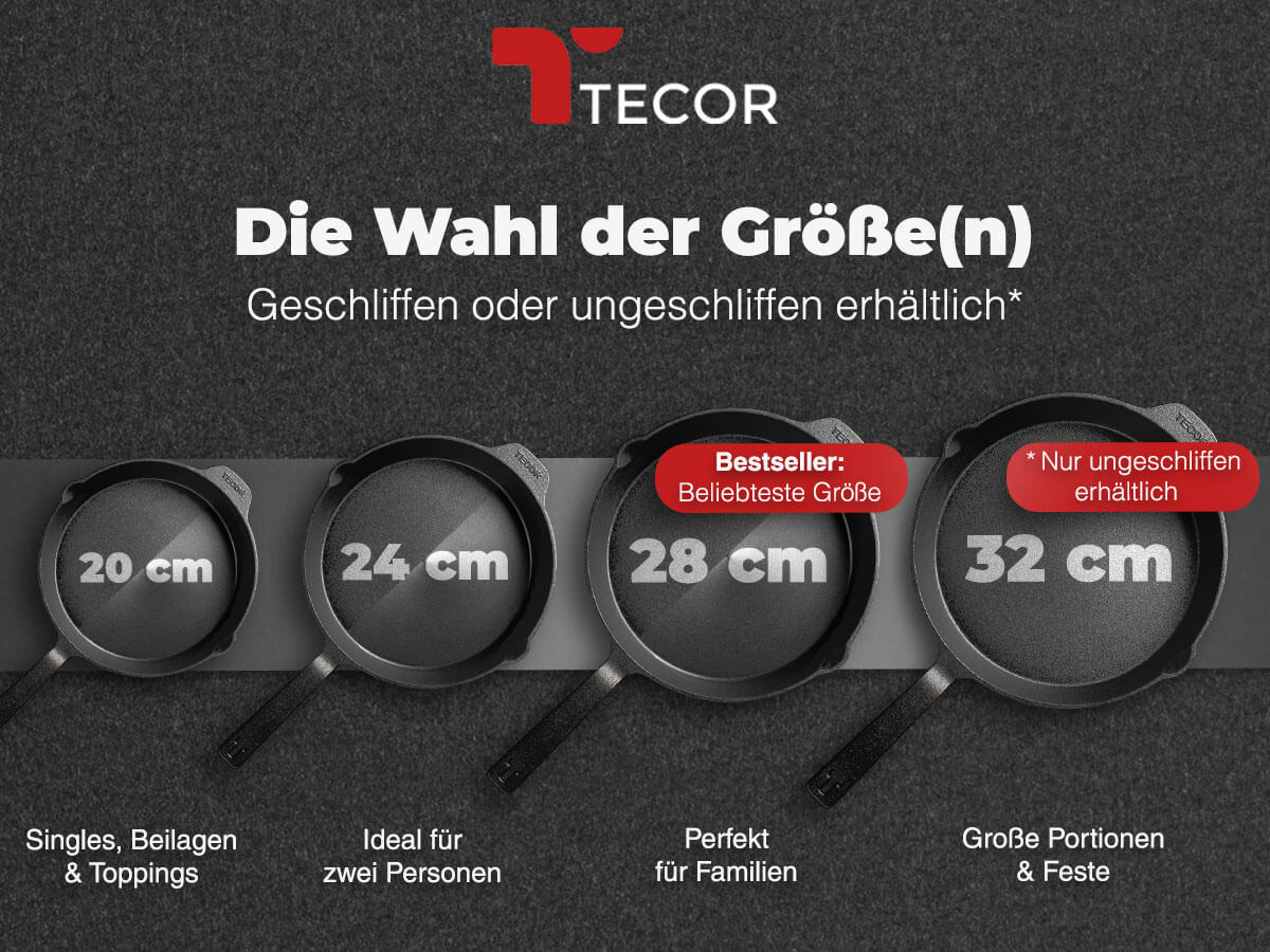 Tecor Gusseisenpfannen in verschiedenen Größen – geschliffen und ungeschliffen erhältlich-Mobile