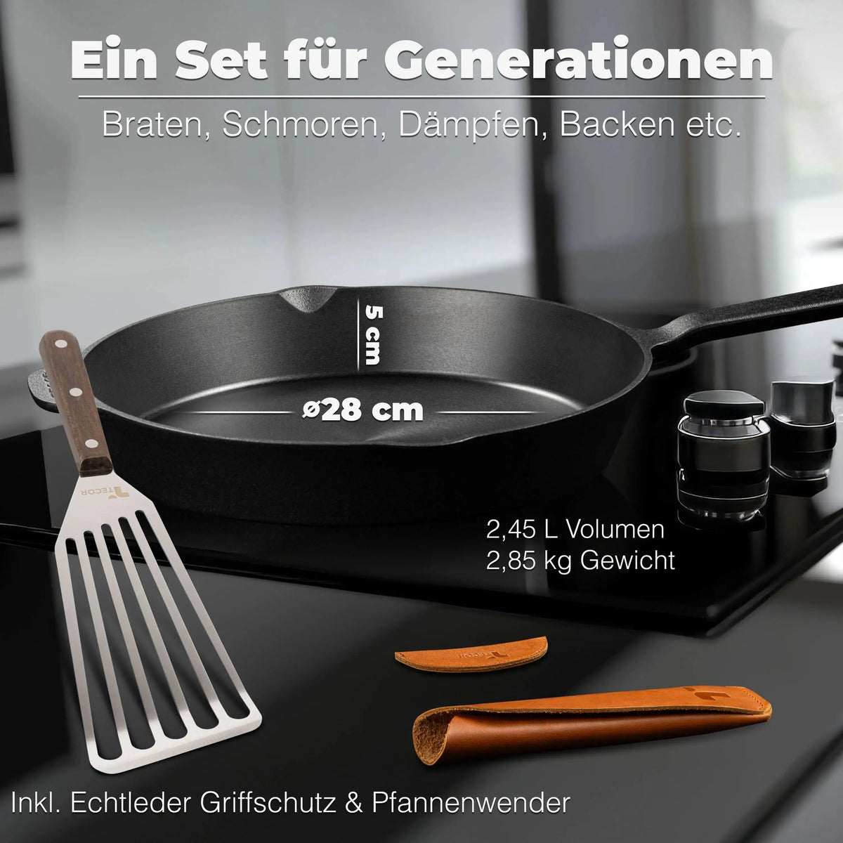 Geschliffene Gusseisenpfanne 28 cm mit 5 cm Höhe, 2,45 l Volumen, 2,85 kg Gewicht und Zubehör