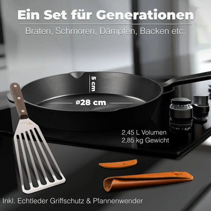 Geschliffene Gusseisenpfanne 28 cm mit 5 cm Höhe, 2,45 l Volumen, 2,85 kg Gewicht und Zubehör