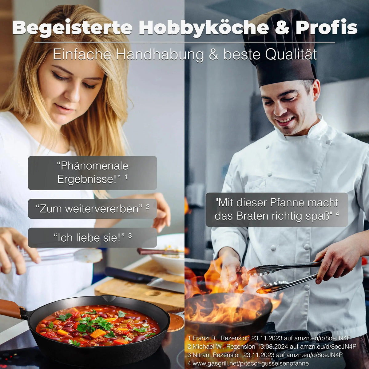 Geschliffene Gusseisenpfanne im Einsatz bei Hobbyköchin und Profikoch