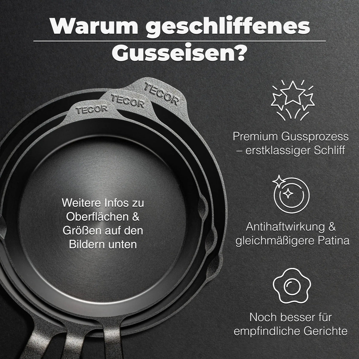 Geschliffene Gusseisenpfanne mit glatter Oberfläche, gleichmäßiger Patina und natürlicher Antihaftwirkung