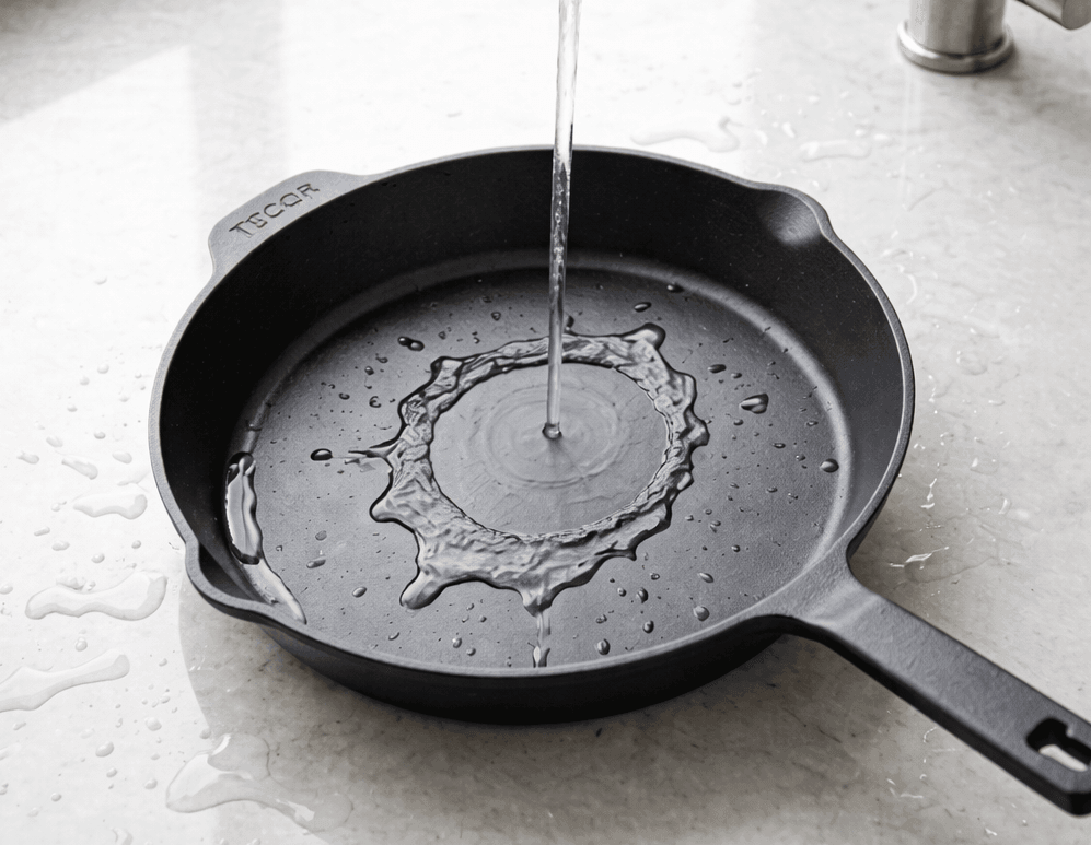 Gusseisenpfanne wird mit warmem Wasser gereinigt