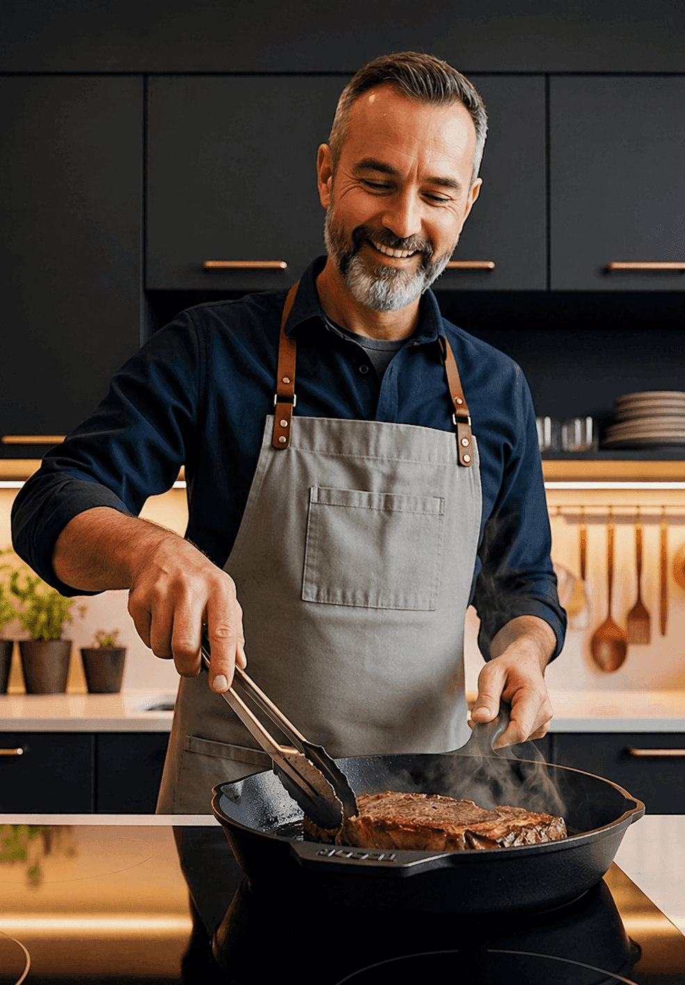 Mann brät Steak in einer Gusseisenpfanne
