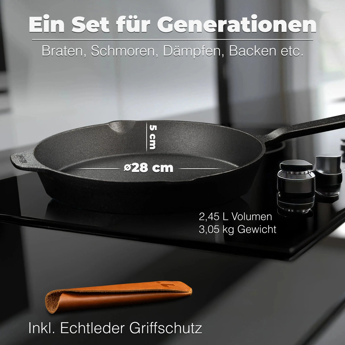 Ungeschliffene Gusseisenpfanne 28 cm mit 5 cm Höhe, 2,45 l Volumen, 3,05 kg Gewicht und Zubehör