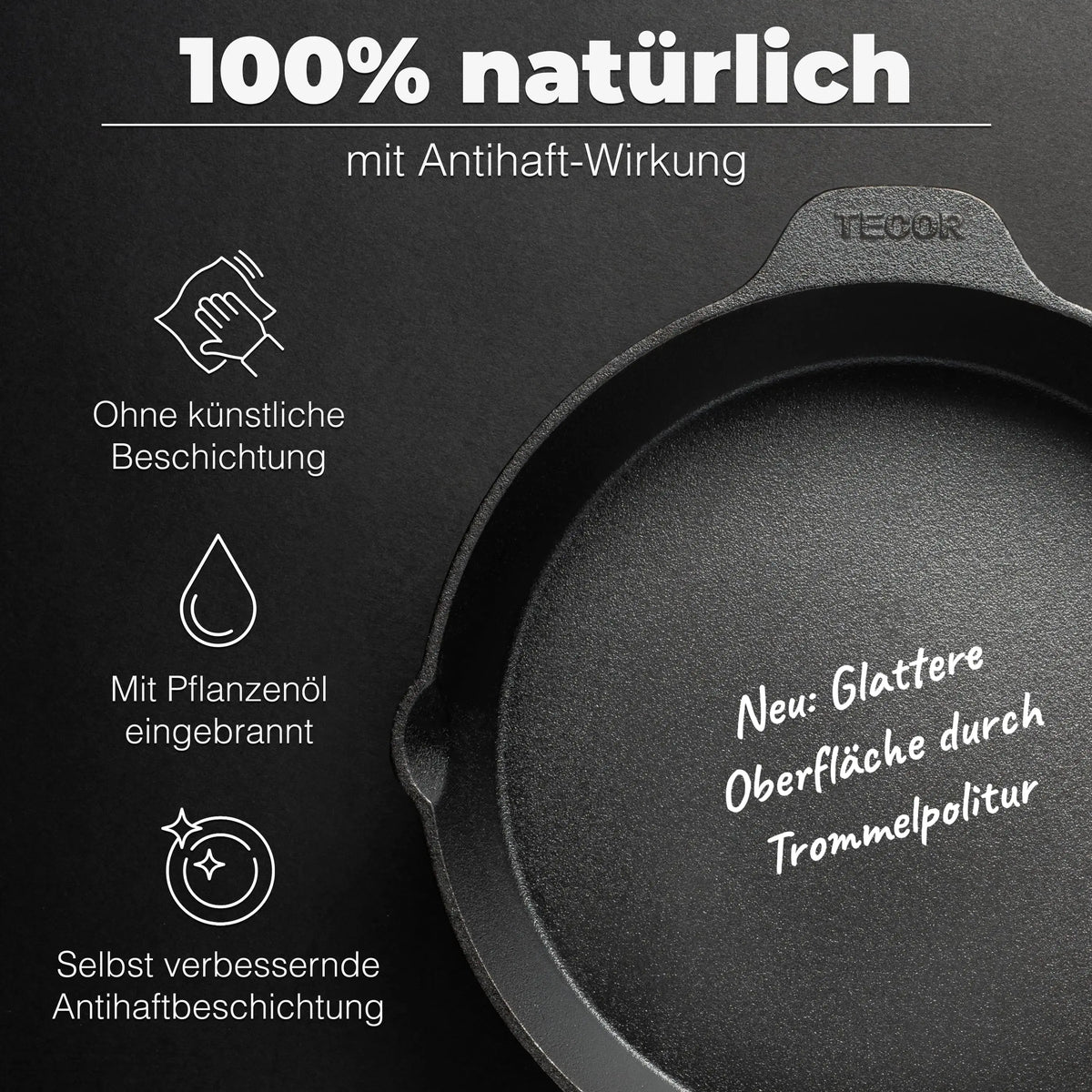 Ungeschliffene Gusseisenpfanne mit natürlicher Antihaftwirkung ohne künstliche Beschichtung