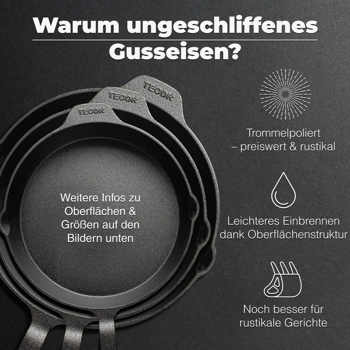 Ungeschliffene Gusseisenpfanne mit trommelpolierter Oberfläche für leichteres Einbrennen und rustikale Gerichte
