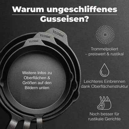Ungeschliffene Gusseisenpfanne mit trommelpolierter Oberfläche für leichteres Einbrennen und rustikale Gerichte