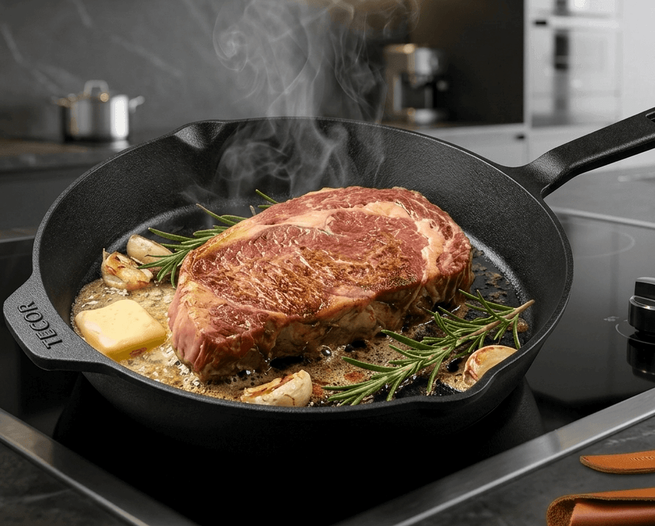 Steak wird mit Rosmarin und Butter in einer Gusseisenpfanne angebraten