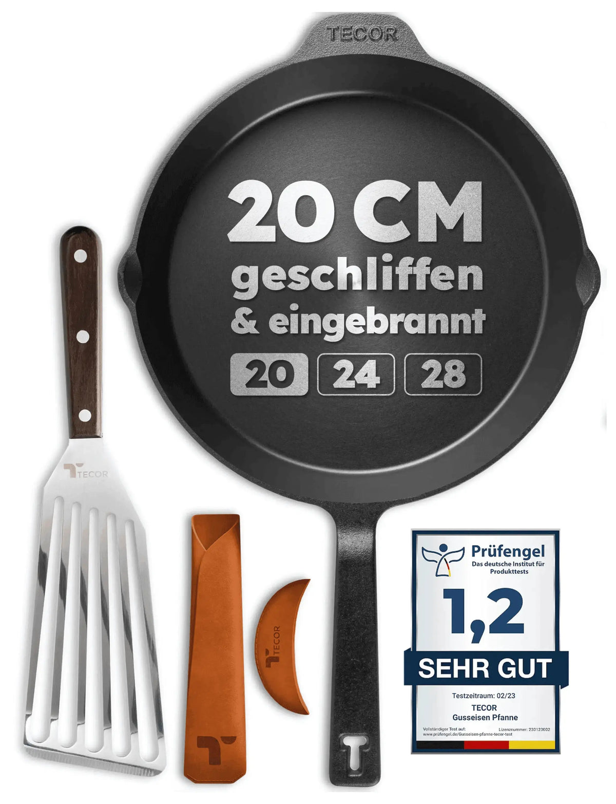 Geschliffene Tecor Gusseisenpfanne in 20 cm mit Zubehör