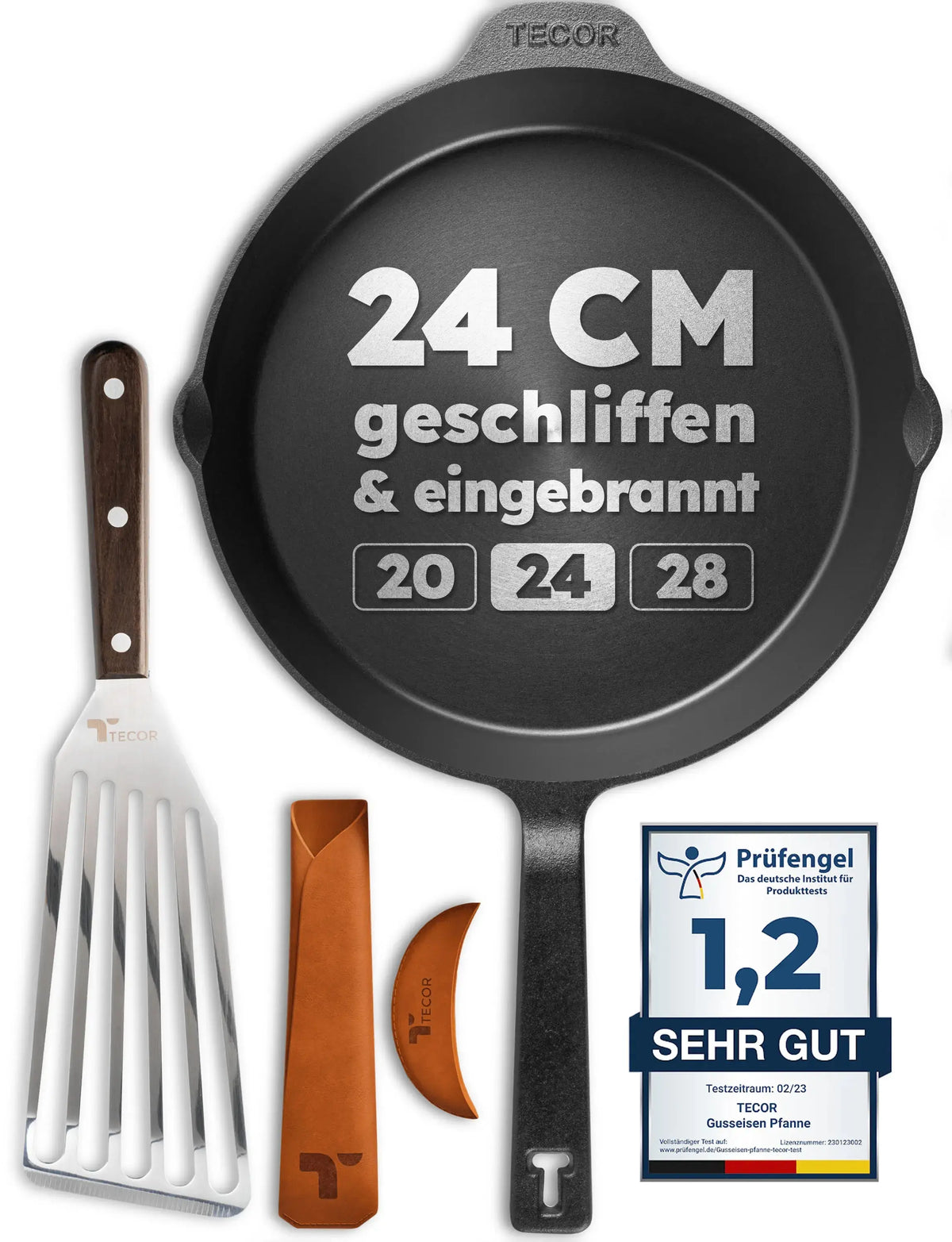 Geschliffene Tecor Gusseisenpfanne in 24 cm mit Zubehör