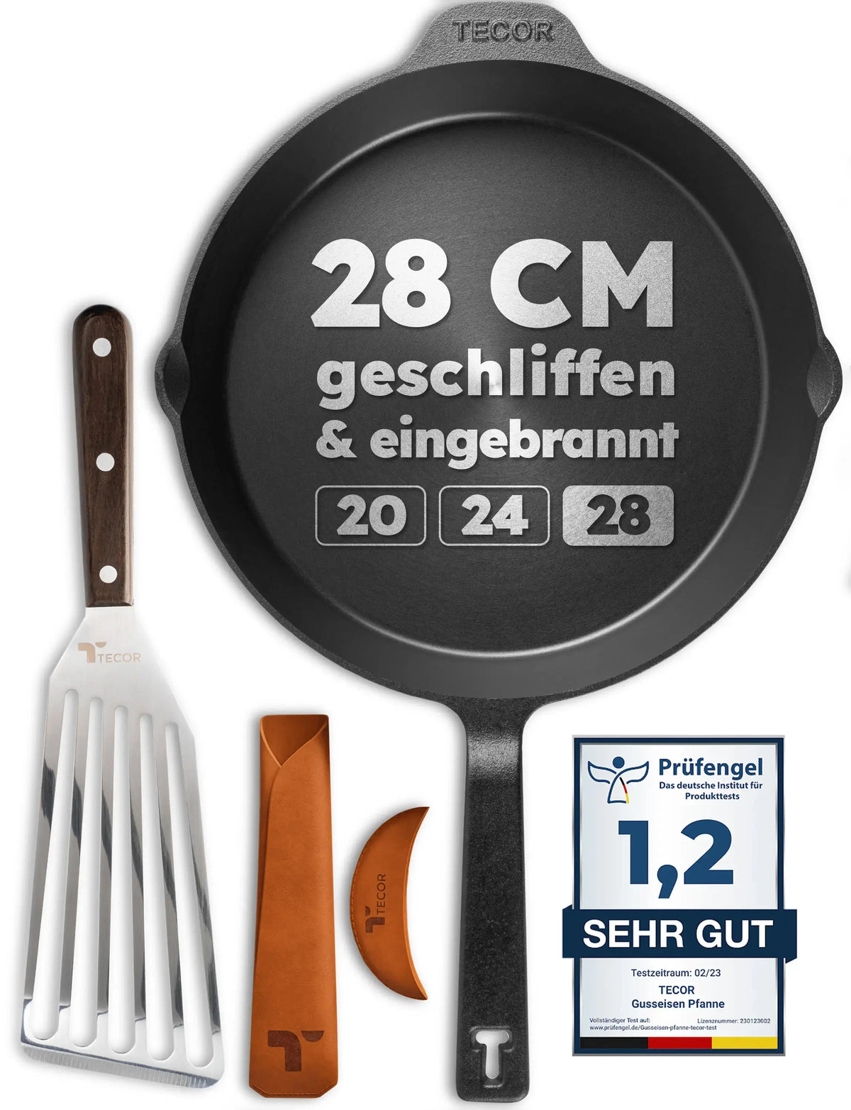 Geschliffene Tecor Gusseisenpfanne in 28 cm mit Zubehör