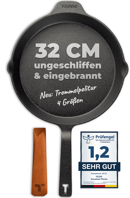 32 cm Tecor Gusseisenpfanne ungeschliffen mit Griffschutz und Prüfsiegel